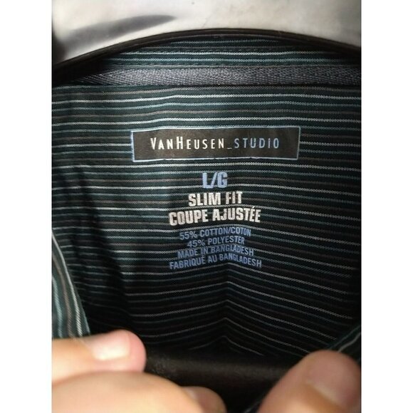 $ VanHeusen Studio Men's Long Sleeve Teal Grey Striped Dress Shirt Size L - Picture 10 of 12